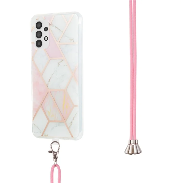 For Samsung Galaxy A23 4G / 5G (Global Version) Case with Long Strap Splicing IMD Marble Pattern TPU Back Cover - Pink / White