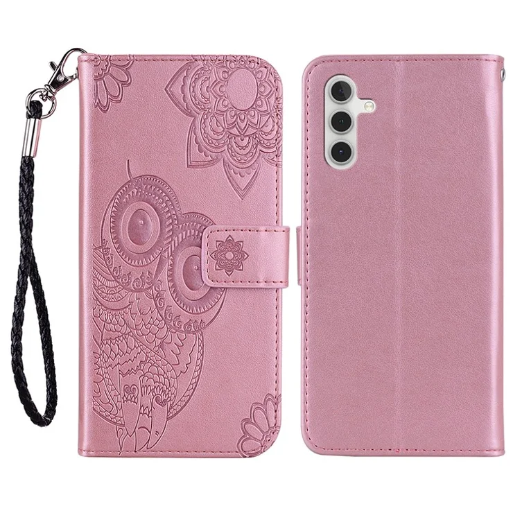 For Samsung Galaxy A54 5G Stand Wallet Phone Leather Cover Imprinted Owl Flower Cell Phone Case - Rose Gold