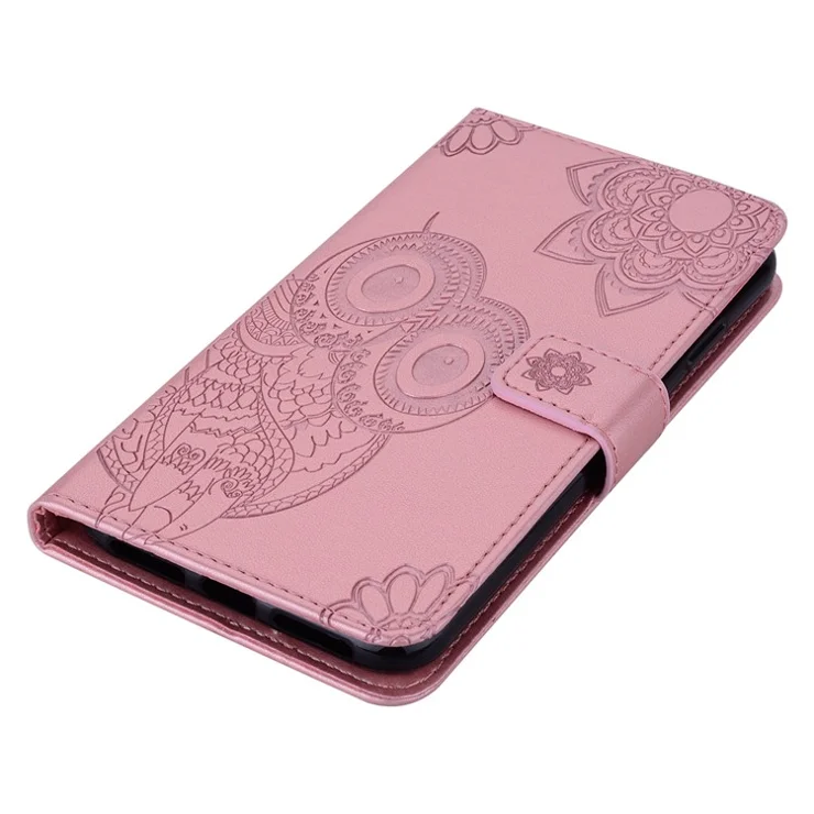 For Samsung Galaxy A24 4G (162.1 x 77.6 x 8.3mm) PU Leather Phone Cover Imprinted Owl Flower Phone Case with Wallet Stand - Rose Gold