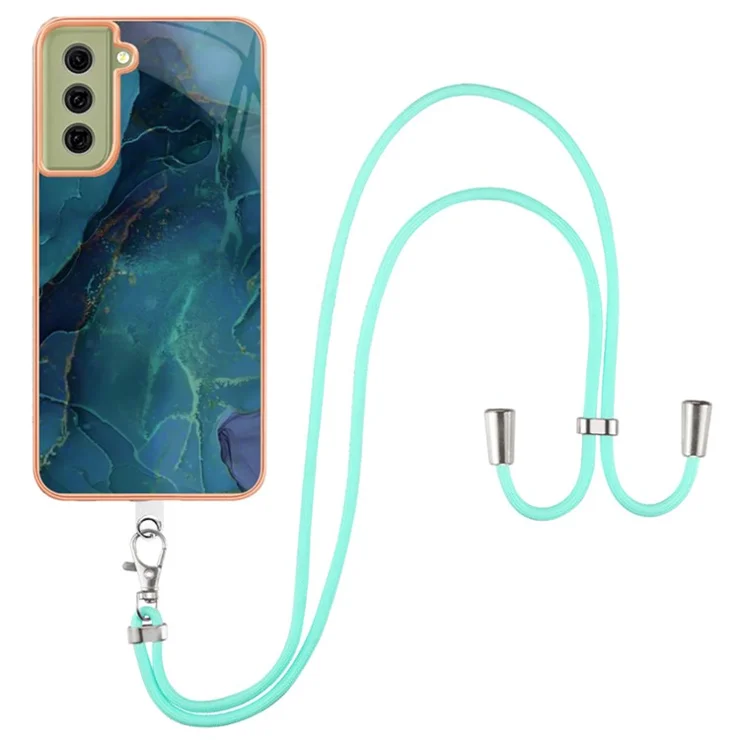 IMD Phone Case for Samsung Galaxy S21 FE 5G YB IMD Series-18 Style E 2.0mm TPU Electroplating Marble Pattern Cover with Lanyard - Green