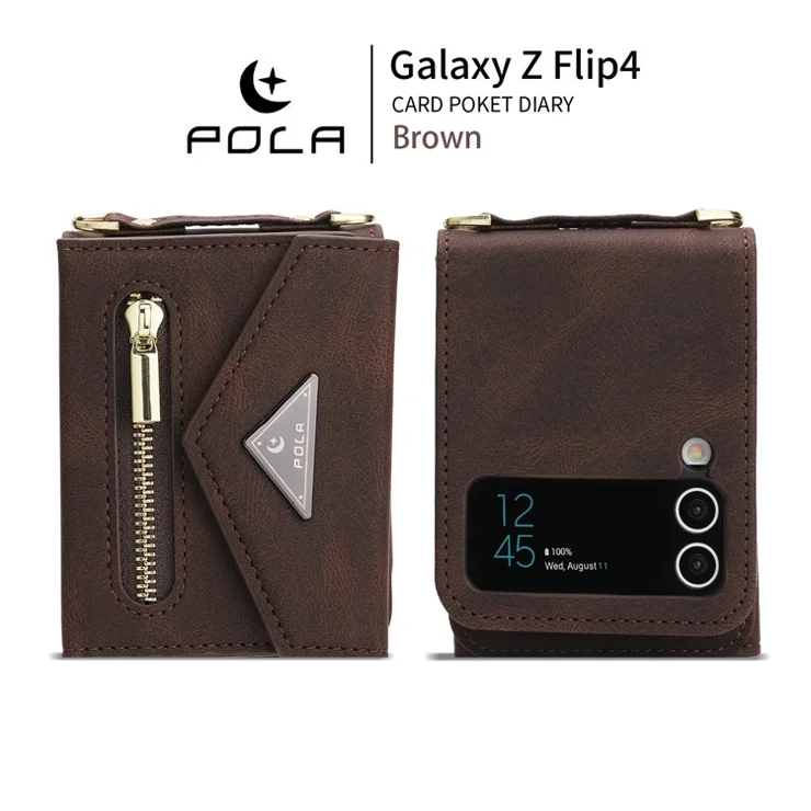 POLA For Samsung Galaxy Z Flip3 5G Zipper Pocket Kickstand Multiple Card Slots PU Leather Phone Cover with Shoulder Strap - Brown