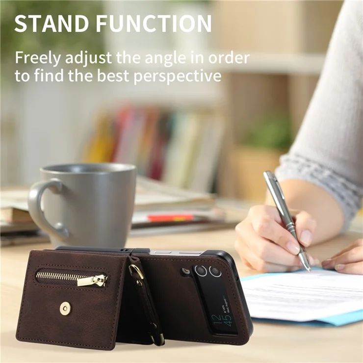 POLA For Samsung Galaxy Z Flip3 5G Zipper Pocket Kickstand Multiple Card Slots PU Leather Phone Cover with Shoulder Strap - Brown