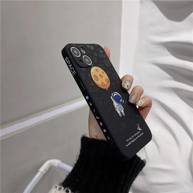For iPhone 14 Plus Precise Cutout Anti-drop Phone Case Moon Astronaut Pattern TPU Back Cover - Black