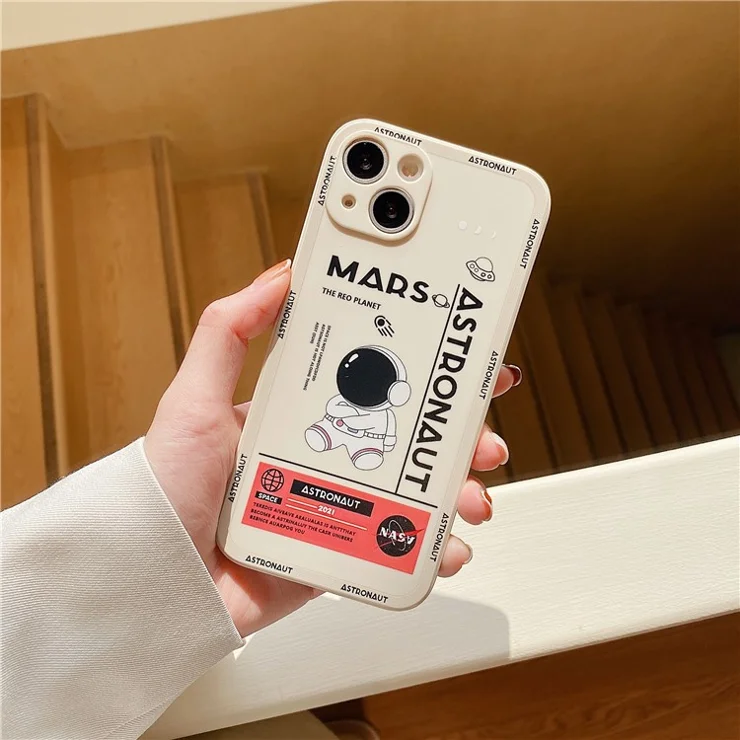 For iPhone 14 Mars Astronaut Pattern Anti-drop Phone Case Precise Cutout Soft TPU Cover - White