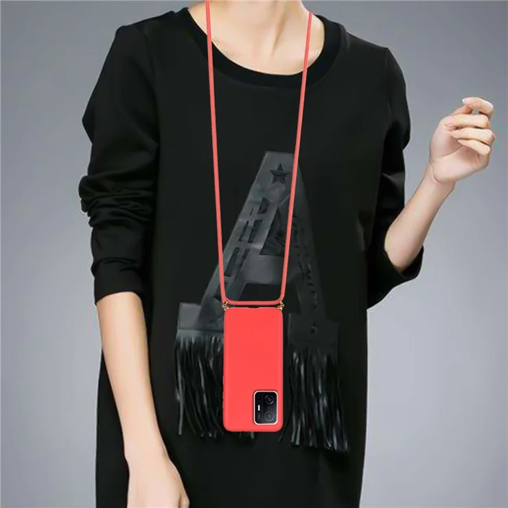 For Xiaomi 11T 5G / 11T Pro 5G Biodegradable Wheat Straw+TPU Phone Case Protective Phone Cover with Lanyard - Red