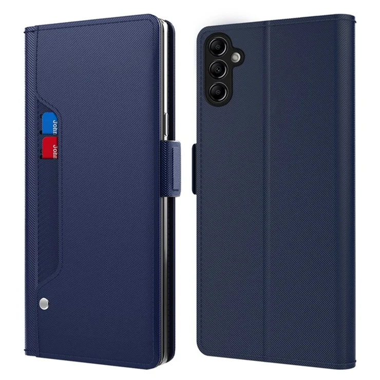 For Samsung Galaxy A14 4G / 5G Leather Flip Case Card Holder Stand Makeup Mirror Phone Case - Blue
