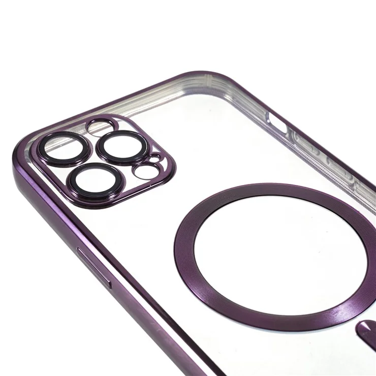 For iPhone 12 Pro Max 6.7 inch Clear TPU Phone Case Precise Cutouts Magnetic Cover with Lens Protector - Purple