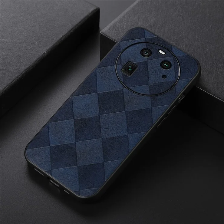 For Oppo Find X6 Grid Texture Phone Case PU Leather Coated PC+TPU Cover - Blue
