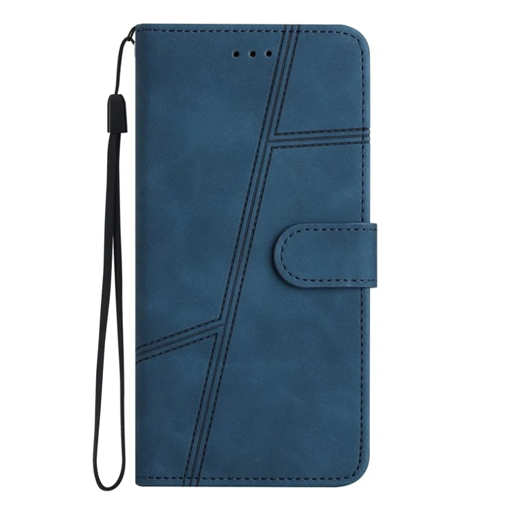 PU Leather Phone Shell for Google Pixel 6 Imprinted Line Skin-touch Anti-drop Cover with Wallet Stand - Blue