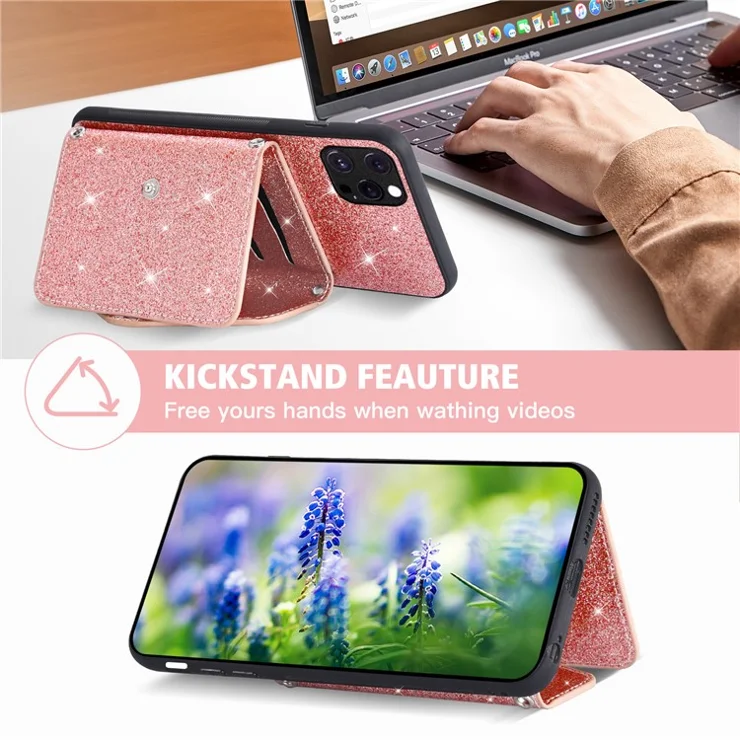 For iPhone 12 Pro Max 6.7 inch Kickstand Card Holder Phone Case PU Leather+TPU Glittery Powder Phone Shell - Pink