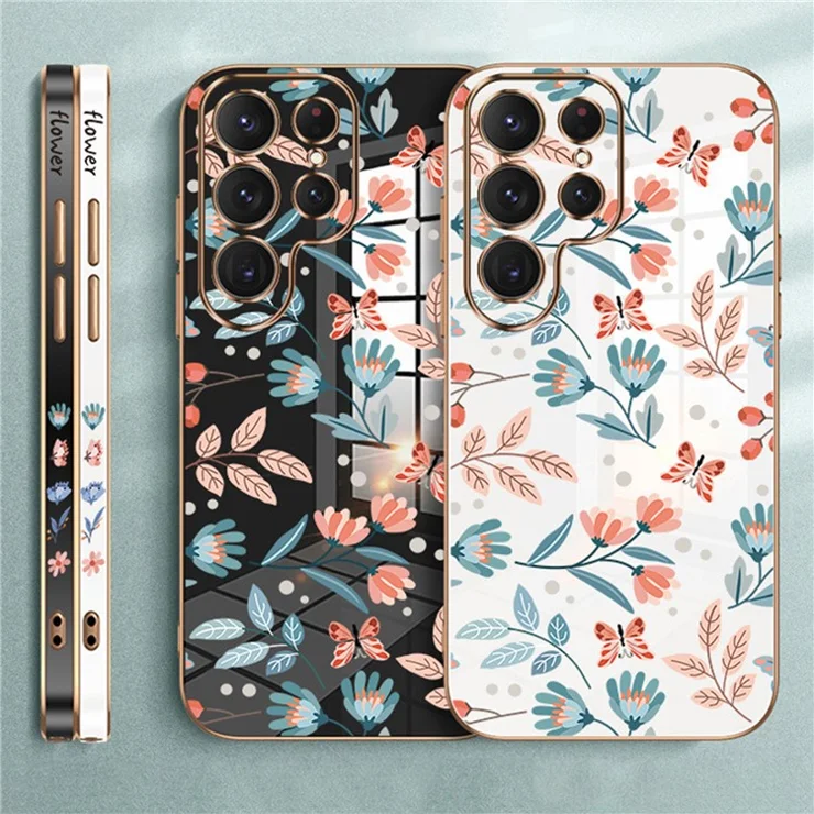 RZANTS For Samsung Galaxy S22 Ultra 5G Phone Case Electroplating Flower Butterfly Pattern TPU Cover - Black