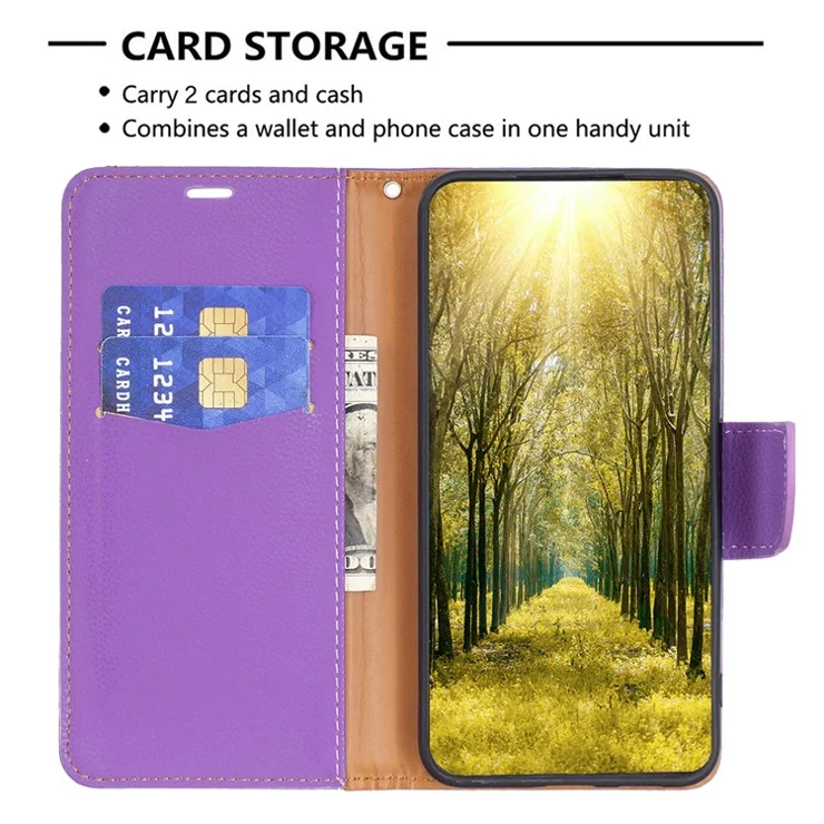 For Samsung Galaxy A24 4G (162.1 x 77.6 x 8.3mm) PU Leather Wallet Cover Litchi Texture Flip Stand Phone Case with Strap - Purple