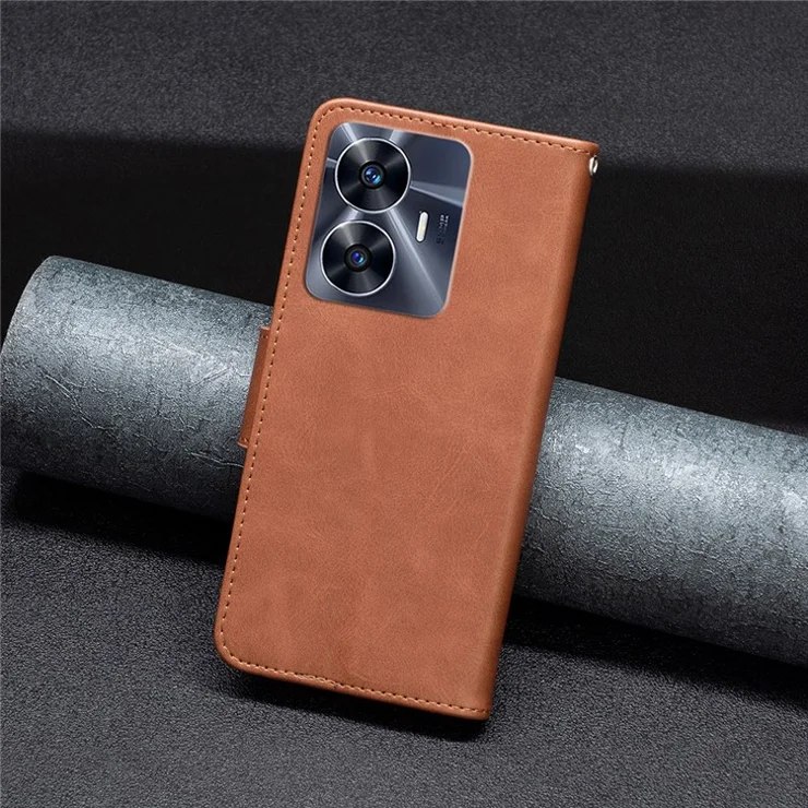 For Realme C55 PU Leather Wallet Solid Color Textured Shell Shockproof Stand Phone Case - Brown