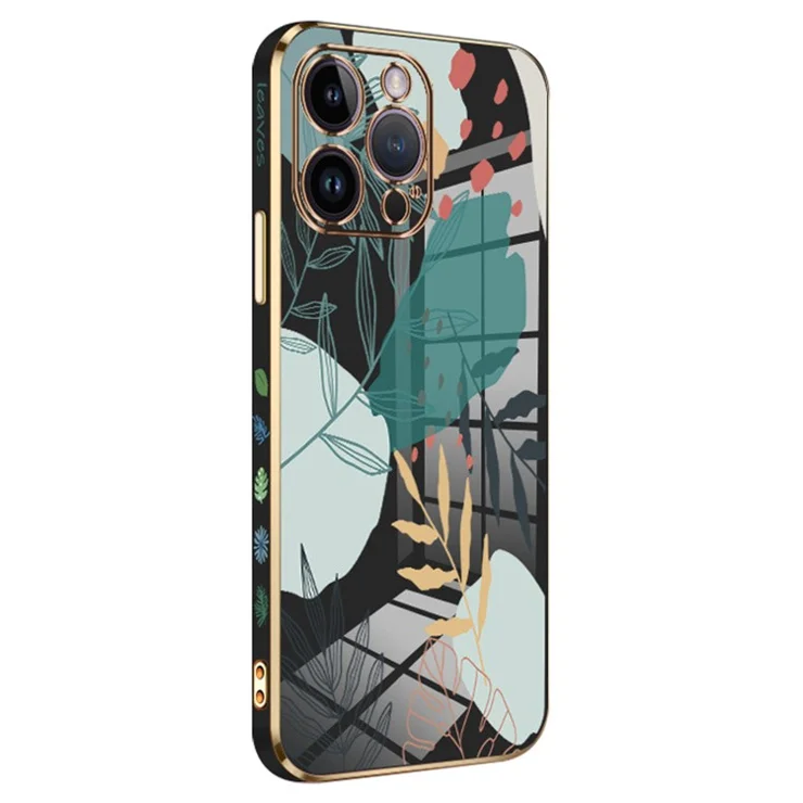 RZANTS For iPhone 14 Pro Max TPU Phone Cover Electroplating Green Leaves Pattern Phone Case - Black