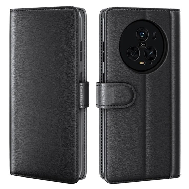 For Honor Magic5 Pro Genuine Cow Leather Phone Wallet Case Flip Stand Shockproof Cover - Black