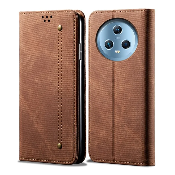 For Honor Magic5 Jeans Cloth Texture Phone Case PU Leather Wallet Stand Phone Cover - Coffee