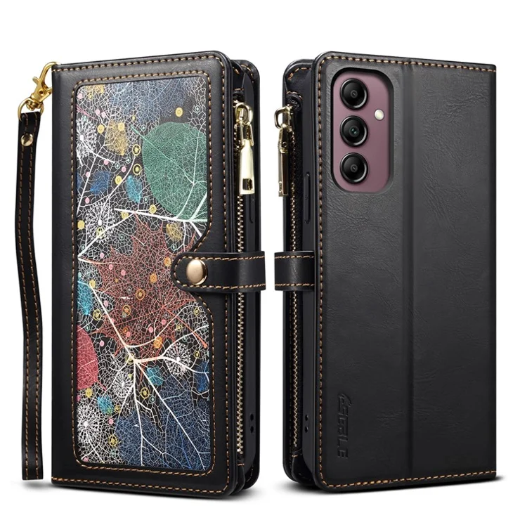ESEBLE Galaxy Series for Samsung Galaxy M54 5G / F54 5G RFID Blocking Leather Phone Case Zipper Pocket Wallet Stand Cover - Black