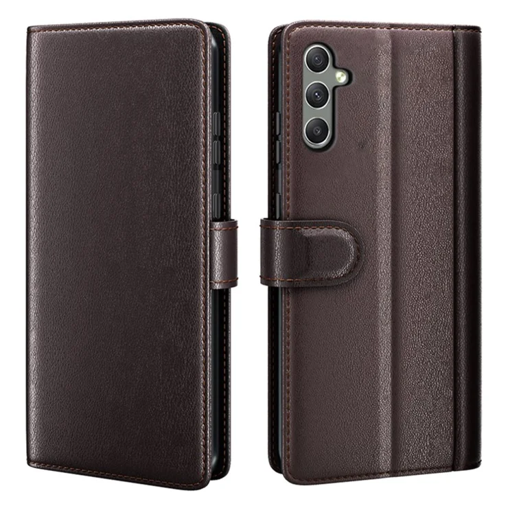For Samsung Galaxy A24 4G (162.1 x 77.6 x 8.3mm) Flip Stand Drop-proof Cover Genuine Cow Leather Phone Wallet Case - Brown
