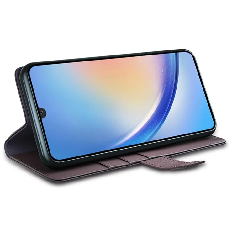 For Samsung Galaxy A24 4G (162.1 x 77.6 x 8.3mm) Flip Stand Drop-proof Cover Genuine Cow Leather Phone Wallet Case - Brown