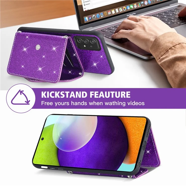 For Samsung Galaxy A52 4G / 5G / A52s 5G Card Holder Kickstand Phone Cover Glitter Leather Coated TPU Case - Purple