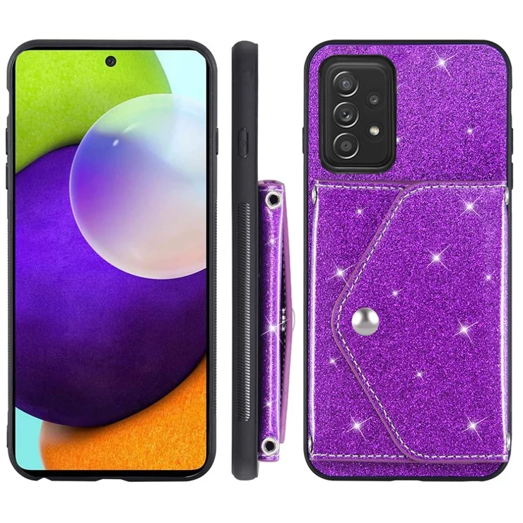 For Samsung Galaxy A52 4G / 5G / A52s 5G Card Holder Kickstand Phone Cover Glitter Leather Coated TPU Case - Purple