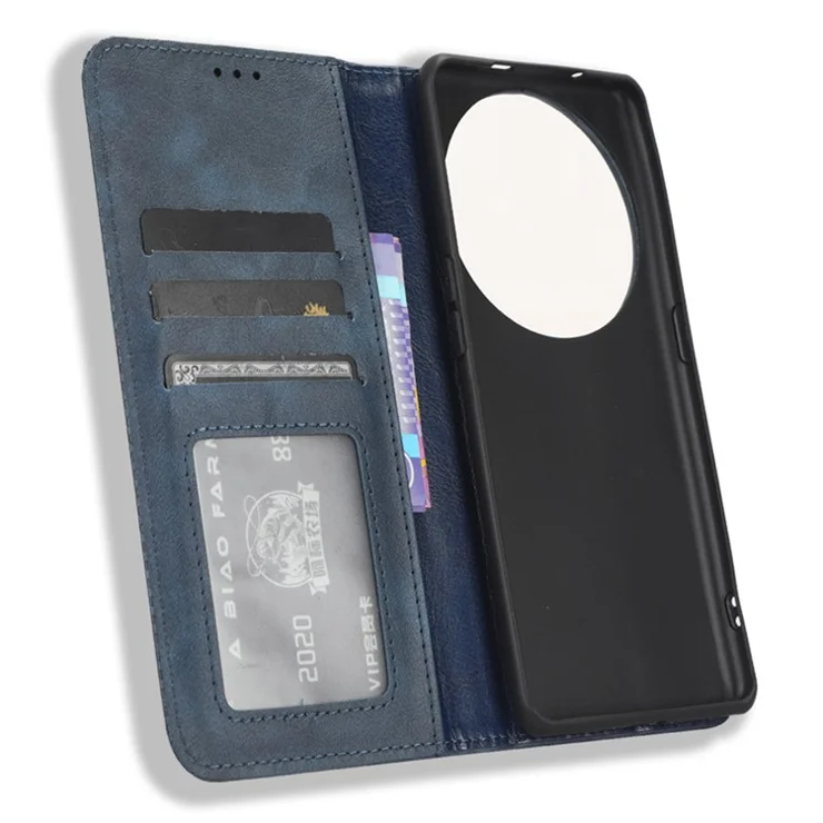 Stand Shell for Oppo Find X6 Pro PU Leather Magnetic Retro Phone Cover Cell Phone Wallet Case - Blue