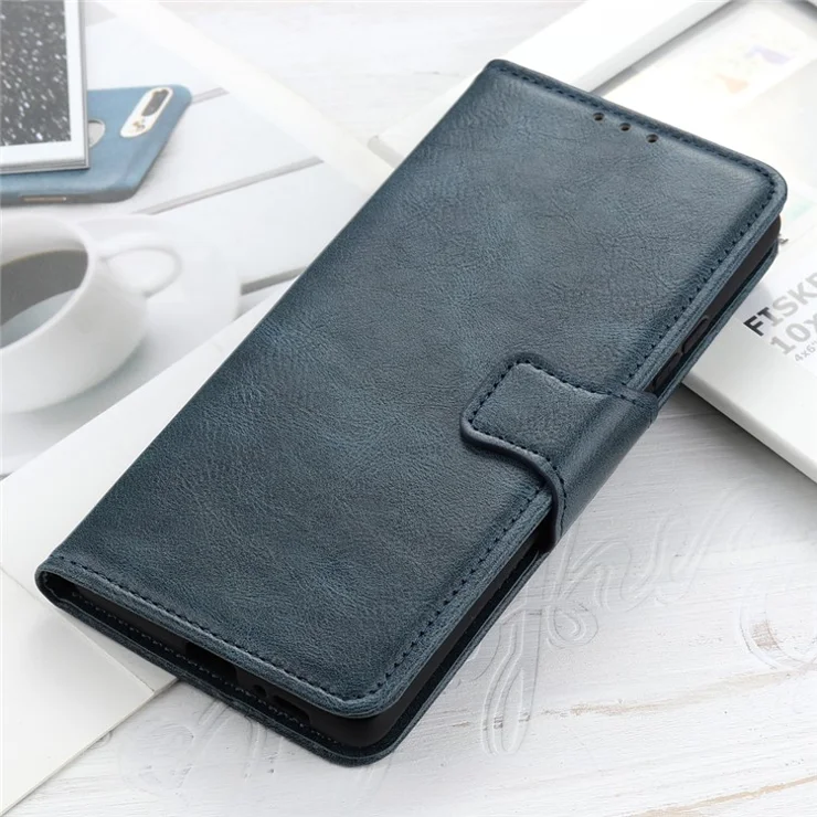 For Motorola ThinkPhone 5G Cell Phone Case Stand Wallet Crazy Horse Texture Leather Cover - Blue
