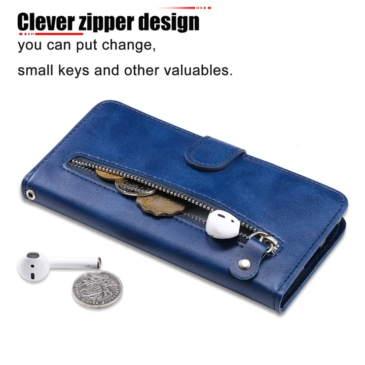 Wallet Phone Cover for Honor Magic5 Pro PU Leather Case Zipper Pocket Calf Texture Stand Shell - Blue