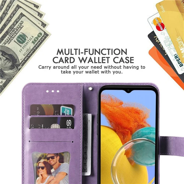 For Samsung Galaxy M14 5G Case Floral Pattern PU Leather Wallet Stand Phone Cover - Purple