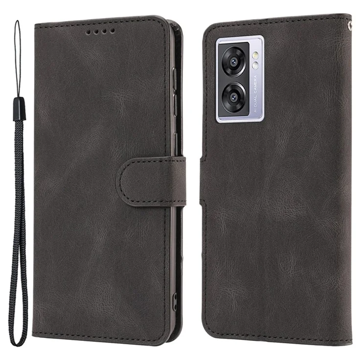 Leather Phone Case for Oppo A57 (2022) 5G / A77 5G / A97 5G / Realme Q5i / V23 5G / Narzo 50 5G / OnePlus Nord N300 5G , Wallet Stand Flip Cover - Black