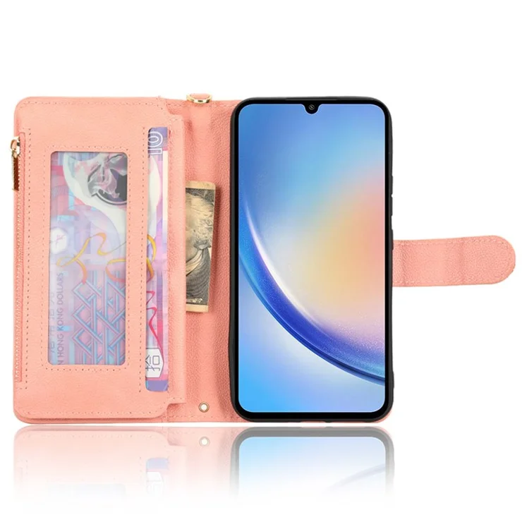 For Samsung Galaxy A34 5G Zipper Pocket Phone Wallet Case Cellphone Cover with 2 Straps - Pink