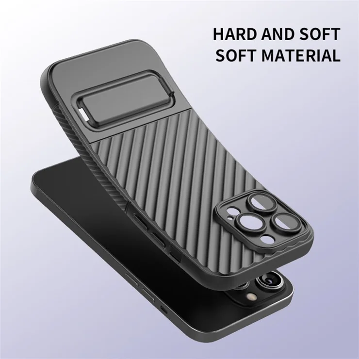 For iPhone 14 Pro Soft TPU Cover with Camera Lens Protector Kickstand Dust-Proof Phone Case - Black