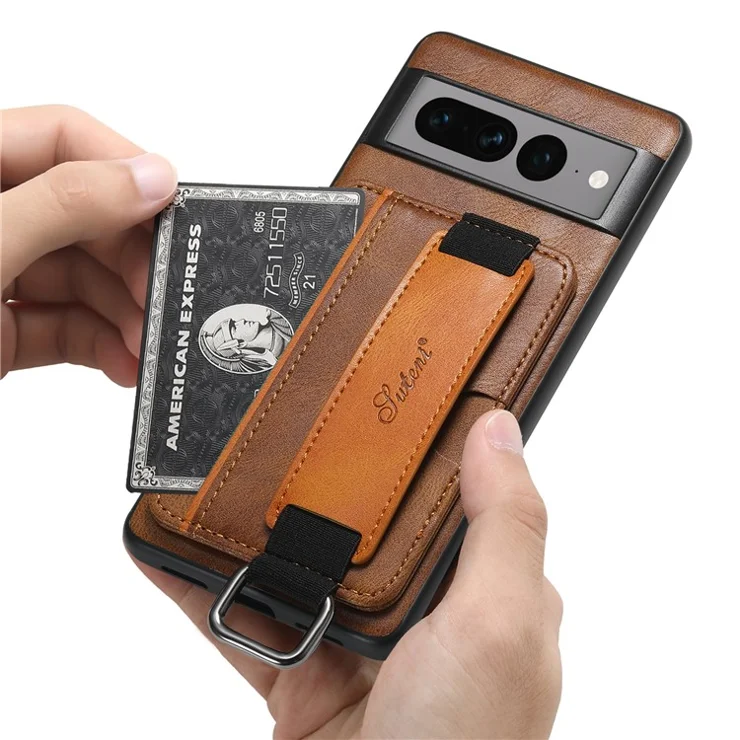 SUTENI H13 Kickstand Back Case for Google Pixel 7 Pro 5G with Hand Strap, Leather Coated PC+TPU Card Holder Phone Cover - Brown