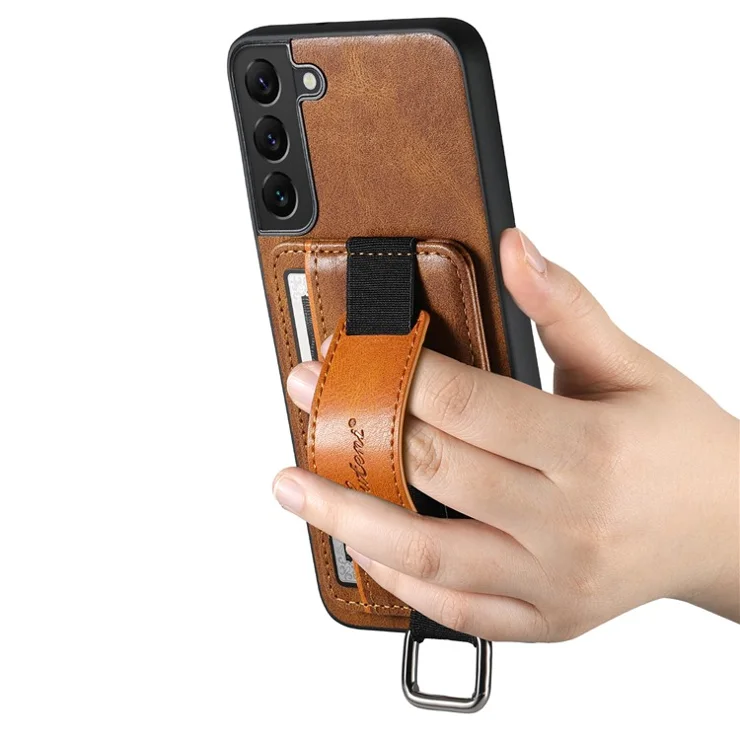 SUTENI H13 Back Case for Samsung Galaxy S22+ 5G Card Holder Leather Coated PC+TPU Phone Kickstand Cover with Hand Strap - Brown