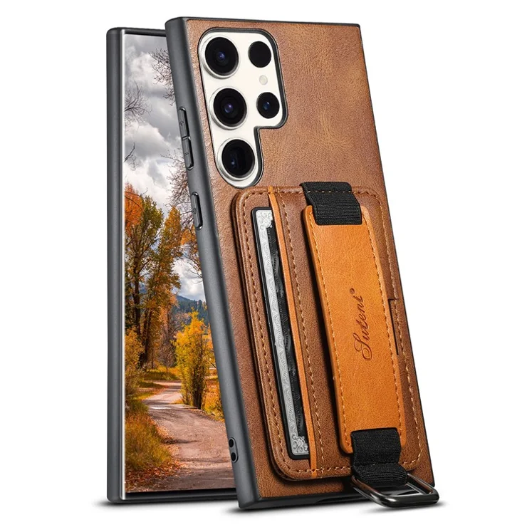 SUTENI H13 For Samsung Galaxy S22 Ultra 5G Card Holder Case Kickstand Leather Coated PC+TPU Phone Cover with Hand Strap - Brown