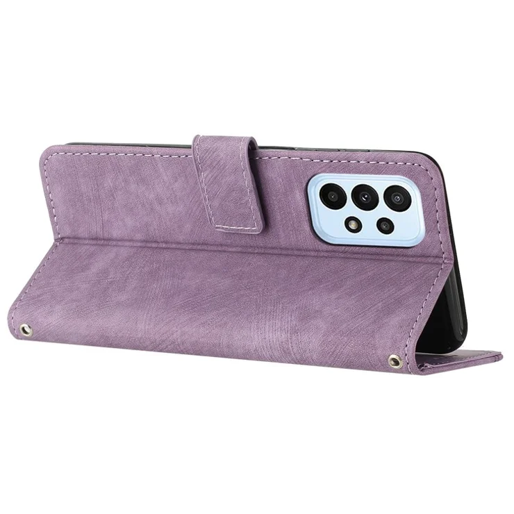 For Samsung Galaxy A53 5G Phone Case Wallet PU Leather Stand Lines Imprinted Skin-touch Cover - Purple