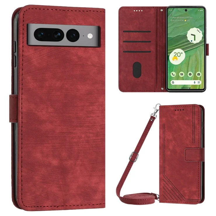 For Google Pixel 7 Pro 5G PU Leather Drop-proof Case Lines Imprint Flip Stand Wallet Phone Cover with 2 Straps - Red
