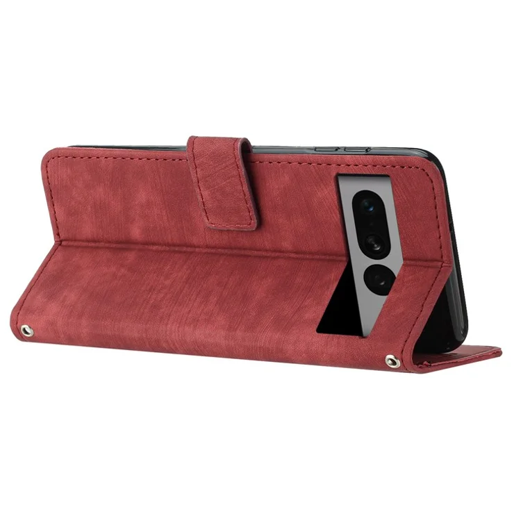 For Google Pixel 7 Pro 5G PU Leather Drop-proof Case Lines Imprint Flip Stand Wallet Phone Cover with 2 Straps - Red