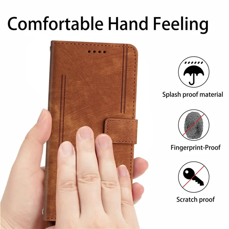 For Google Pixel 7 Pro 5G PU Leather Drop-proof Case Lines Imprint Flip Stand Wallet Phone Cover with 2 Straps - Brown