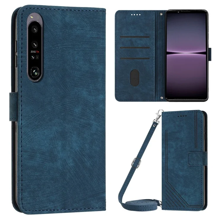 For Sony Xperia 1 IV 5G PU Leather Wallet Case Lines Imprinted Stand Shockproof Cover with 2 Straps - Sapphire