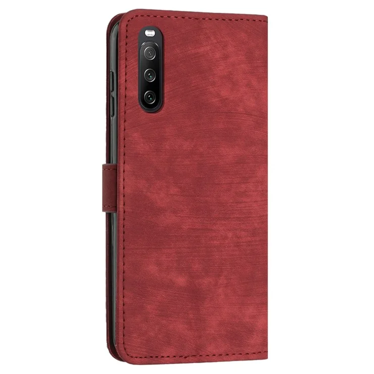 For Sony Xperia 10 V Wallet Phone Case PU Leather Lines Imprinted Stand Shoulder Strap Flip Cover - Red