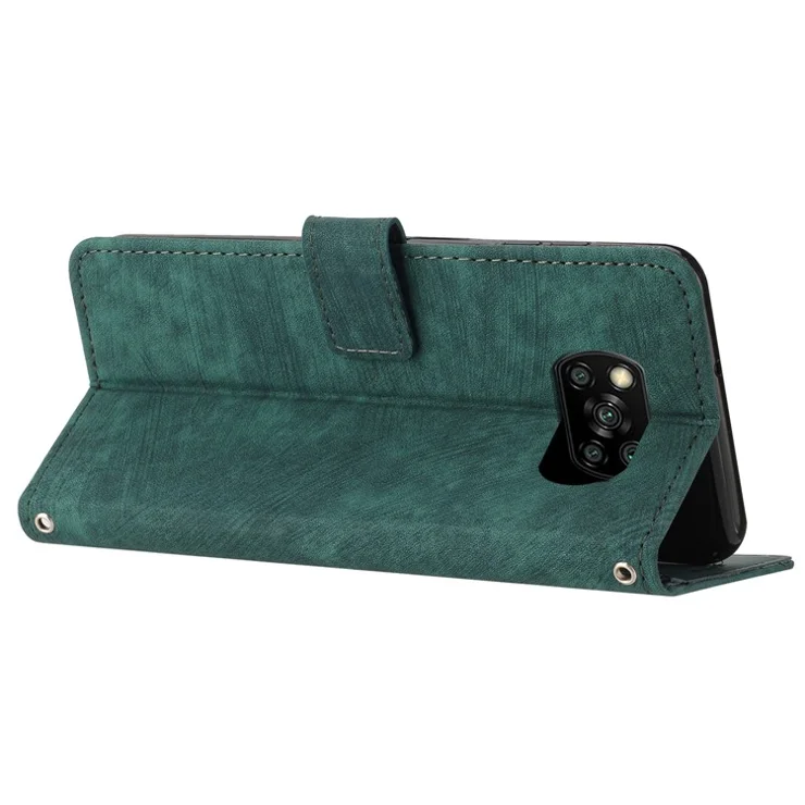 Wallet Phone Case for Xiaomi Poco X3 / X3 NFC / X3 Pro , PU Leather Lines Imprinted Flip Stand Phone Cover - Green