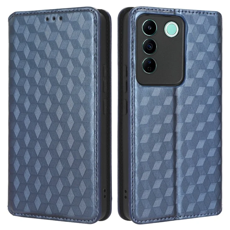 For vivo S16e 5G / V27e 4G PU Leather Phone Case Rhombus Pattern Imprinted Stand Wallet Flip Cover - Blue