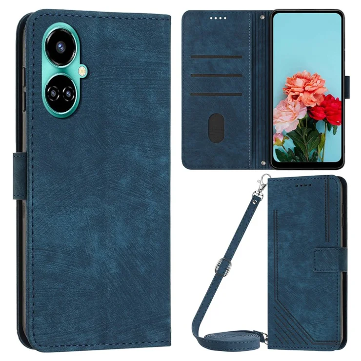 PU Leather Folio Flip Case for TECNO Camon 19 4G / 19 Pro 4G / 5G , Lines Imprinted Stand Wallet Phone Cover - Sapphire