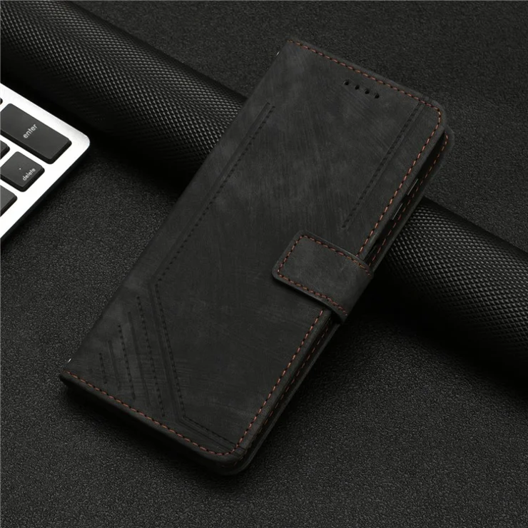 For TECNO Camon 19 4G / 19 Pro 4G / 19 Pro 5G Leather Phone Cover Stand Skin-Touch Lines Imprinted Wallet Case - Black