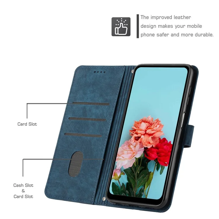 For TECNO Pova 3 4G Flip PU Leather Phone Case Wallet Lines Imprinted Stand Protective Cover - Sapphire
