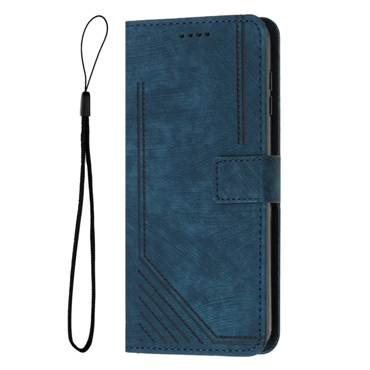 For Realme 9 Pro 5G / 9 5G / V25 / OnePlus Nord CE 2 Lite 5G Phone Case Leather Lines Imprinted Stand Wallet Cover with Straps - Sapphire