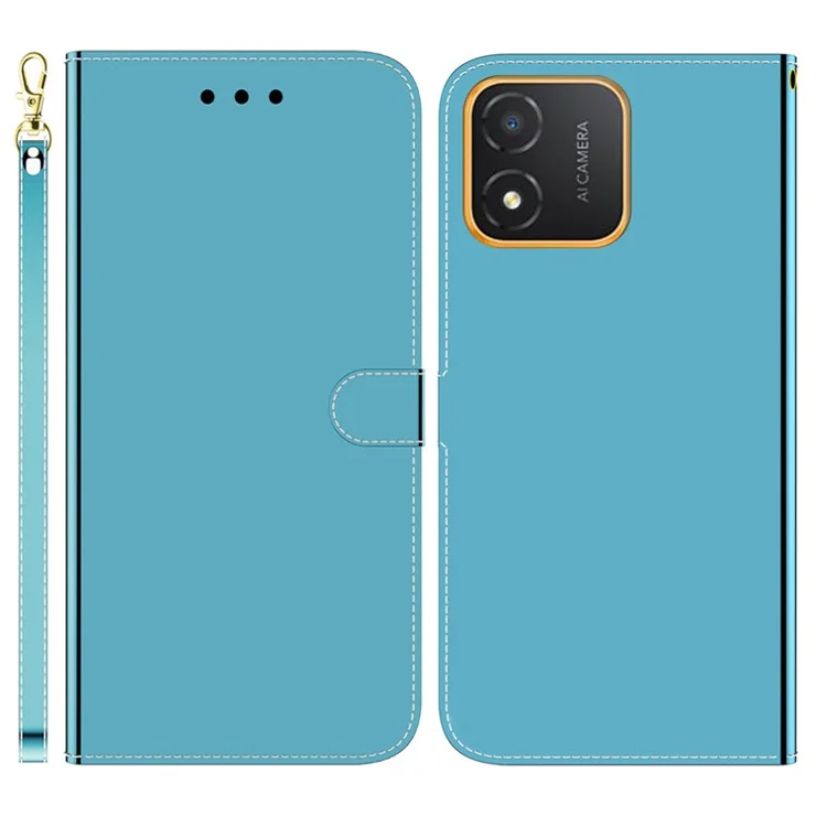 Phone Wallet Case for Honor X5 4G Mirror-Like Surface PU Leather Flip Stand Cover with Strap - Blue