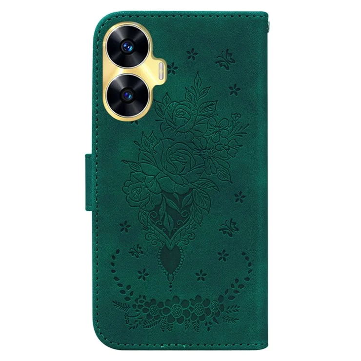 For Realme C55 Imprinted Rose Butterfly Phone Case Leather Wallet Smartphone Stand Cover - Green