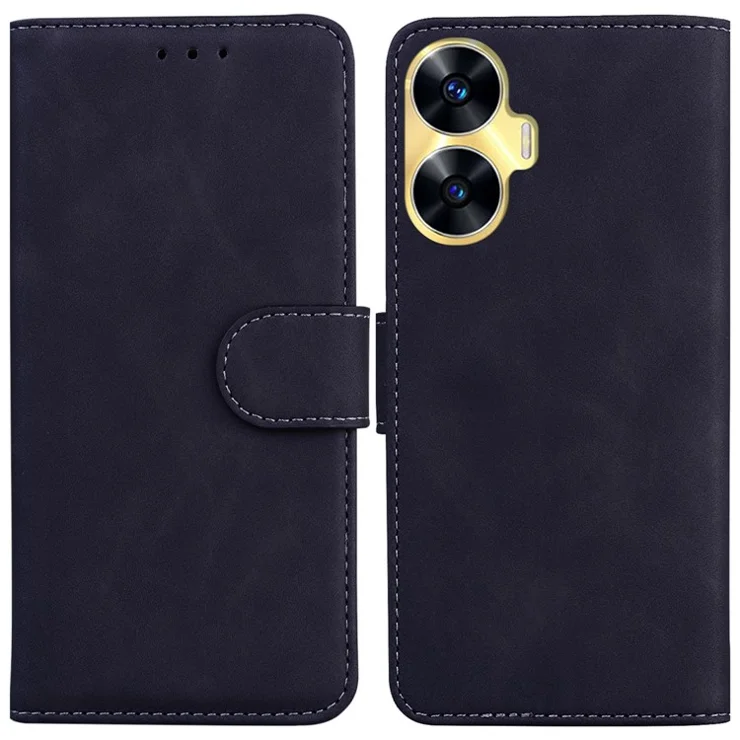 For Realme C55 Solid Color PU Leather Phone Case Shockproof Wallet Stand Cell Phone Cover - Black